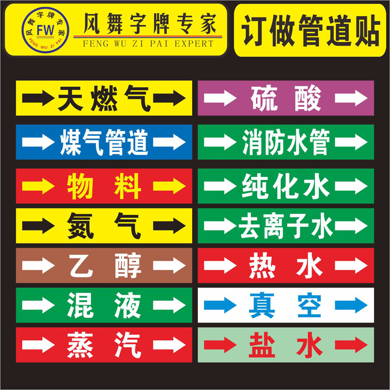 反光管道标识 酸水液体管道标签贴纸不干胶标签管道流向指示箭头