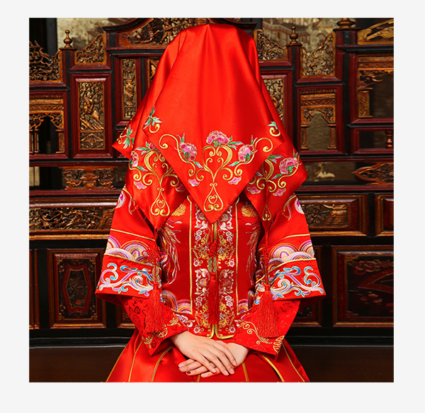 新娘结婚红盖头中式婚礼秀禾服刺绣喜盖 绣花喜字中国