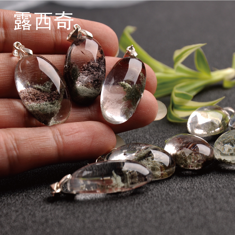 露西奇水晶吊坠 绿幽灵吊坠男女款高透玻璃体项坠送925银蛇骨链