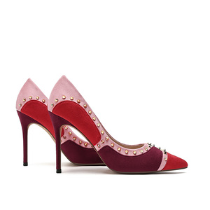 欧美拼色铆钉尖头高跟鞋