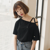 百搭斜肩短袖 学生体恤 T恤露肩宽松莫代尔上衣打底衫 韩版 春夏女装