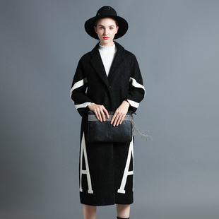 韩国版a字印花黑色毛呢外套女中长款羊绒呢子