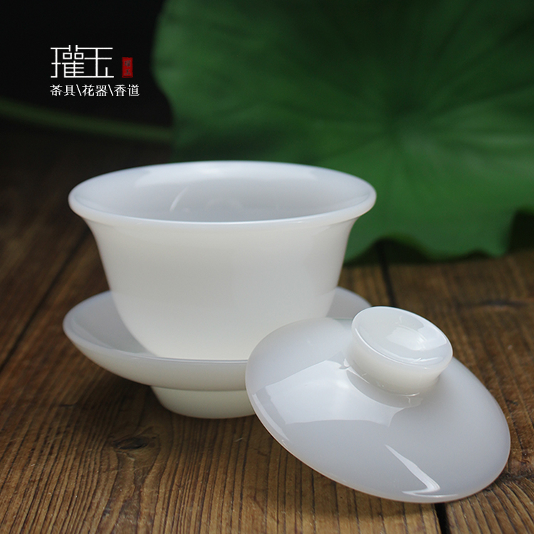 德化凝脂白玉瓷盖碗手工陶瓷泡茶碗三才碗高档白瓷功夫茶具敬茶碗