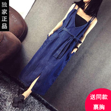 牛仔连衣裙女 欧美背带长裙V领露背宽松吊带长款 2017春夏新款 正品