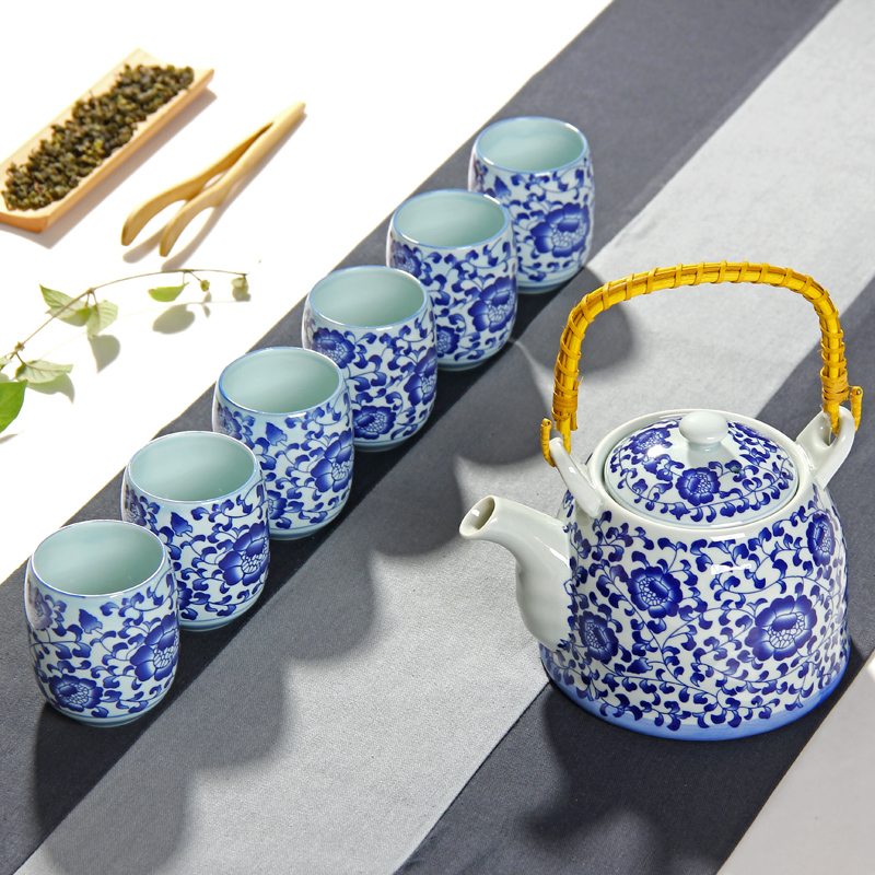 景德镇陶瓷茶壶 大号青花瓷提梁壶茶具 日式茶杯整套 凉水壶茶具