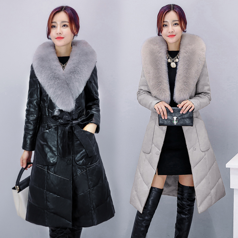 真皮羽绒服女中长款2017冬季新款修身连帽狐狸毛领海宁皮草外套潮