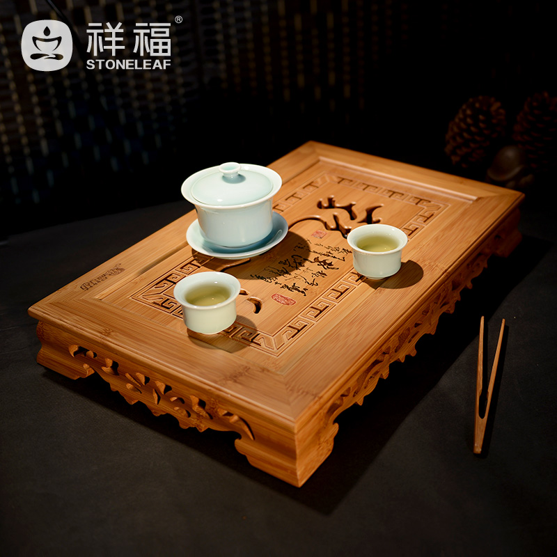 祥福 竹制茶盘 孟宗竹茶海茶台茶托茶具 抽屉式茶海储水茶台FZ003