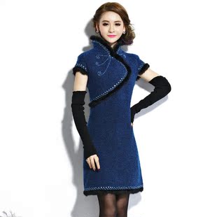 2015冬装新款时尚改良复古旗袍裙兔毛边冬季大码加厚旗袍连衣裙女