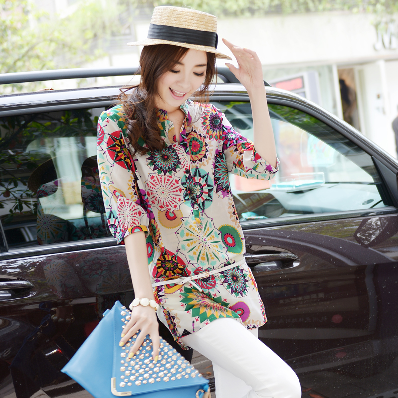 2015夏季新款韩版大码中长款雪纺衫花色女式上衣中长款衬衫女