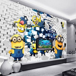大型卡通壁画小黄人3d立体创意电视背景墙墙纸客厅卧室儿童房壁纸