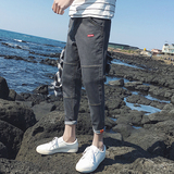 休闲九分裤男夏季牛仔裤男薄款韩版潮流2017修身小脚破洞男士裤子