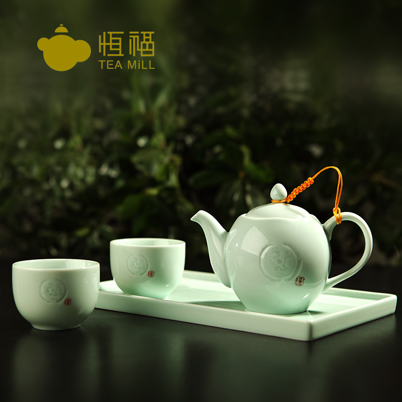 恒福茶具套装 官方正品 龙泉青瓷 功夫茶具 陶瓷 越窑古意托盘组