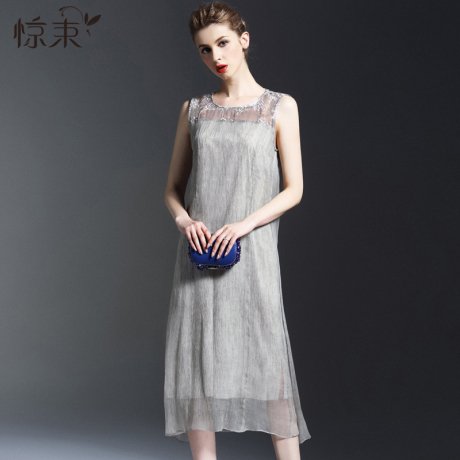 惊束真丝拼接长裙夏桑蚕丝中长款改良版复古无袖挂脖连衣裙a字裙商品大图