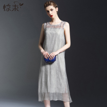 惊束真丝拼接长裙夏桑蚕丝中长款改良版复古无袖挂脖连衣裙a字裙图片