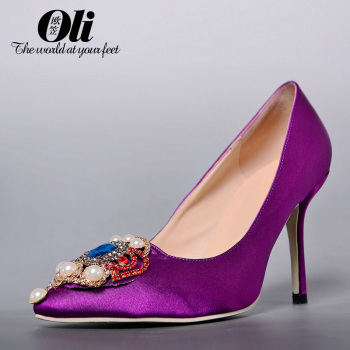 真丝绸缎面水钻紫色高跟鞋宴会礼服鞋婚鞋新娘