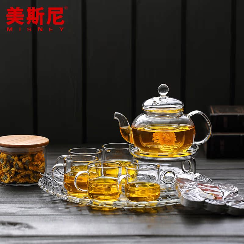 美斯尼茶具套装加厚茶叶罐花茶壶茶艺全玻璃茶盘套装整套茶具玻璃
