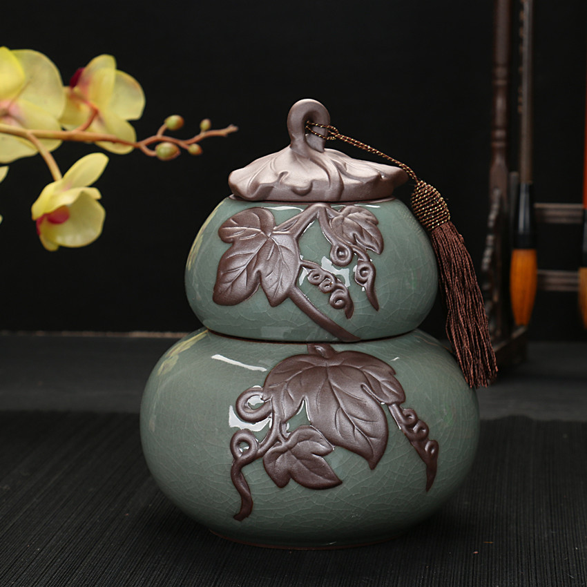 【天天特价】哥窑茶叶罐陶瓷葫芦福禄密封大号开片大码储存茶叶罐