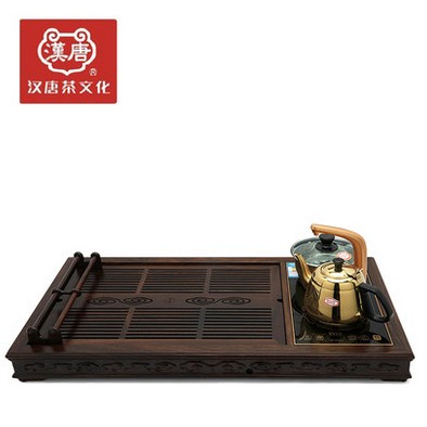 汉唐茶盘实木黑檀木 如意茶台电磁炉一体茶具套装 绿檀木茶海排水