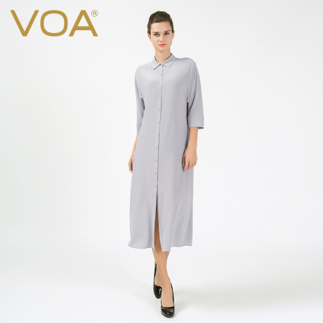 VOA 浅灰色翻领中袖单排扣长款真丝连衣裙 基本款衬衫裙商品大图