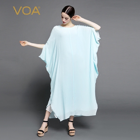 VOA 淡蓝色真丝宽大袍子 飘逸优雅不限身材 大版丝绸连衣裙A6971商品大图