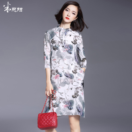 米思阳斑码夏季新款修身五分袖水墨荷花图案真丝印花连衣裙女商品大图