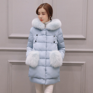 2016冬季新款韩版大毛领中长款羽绒棉服女宽