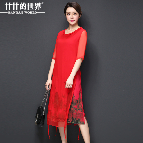 Q2017春秋新款舒适亲肤简约百搭甘甘的世界中年女装印花真丝连衣商品大图