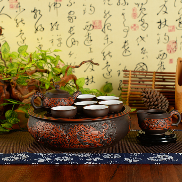正品宜兴紫砂仿古陶瓷茶盘套装 10寸圆形储水式茶船茶托功夫茶具