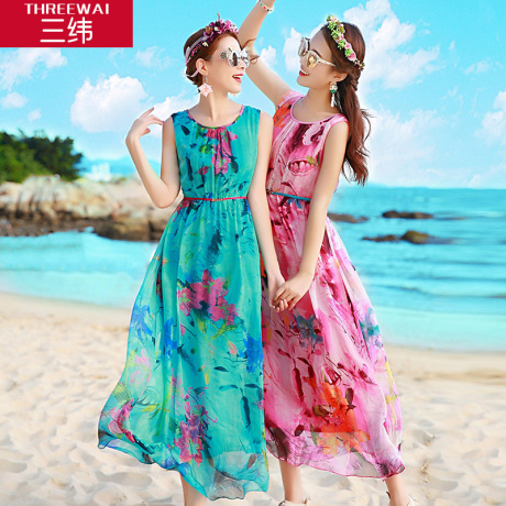 三纬2019夏新款女欧美风格印花桑蚕丝度假长裙波西米亚真丝连衣裙商品大图