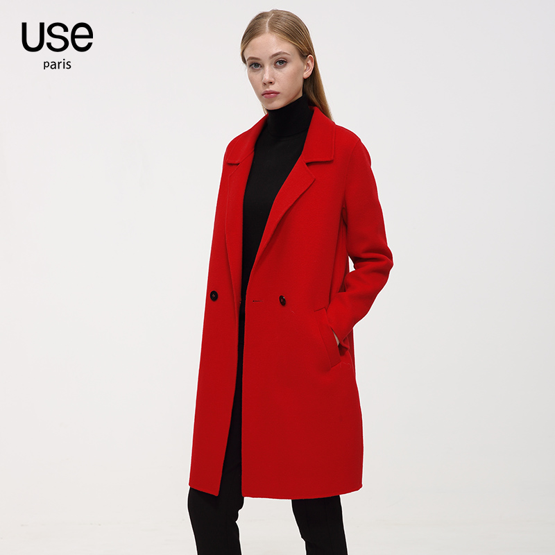 双面呢羊毛大衣女USE2016春装中长款红色羊毛双面绒大衣毛呢外套