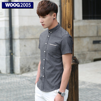 WOOG2005男士纯色短袖衬衫2016夏季深灰色韩版修身休闲纯棉衬衣男