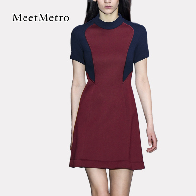 [秋冬新品] meetmetro欧美大牌女装撞色拼接短袖修身针织打底连衣裙