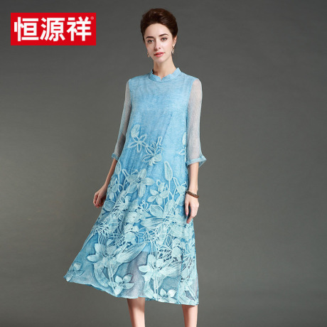 恒源祥真丝连衣裙女2017春装新款女桑蚕丝时尚民族风中长款女装商品大图