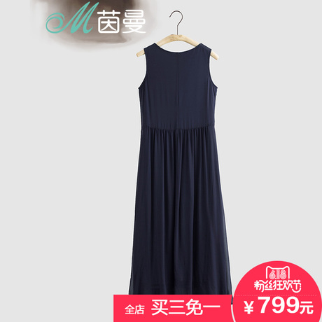 茵曼 2016夏装新款裙子中长裙背心裙无袖真丝连衣裙女1862423832商品大图