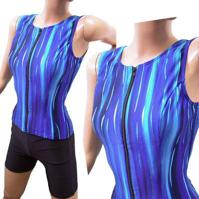 日本代购女款分体泳衣 ariella 蓝色条形图案两件套 健身背心式 保守