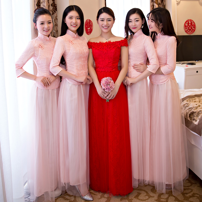 中式伴娘服姐妹团复古长款2017新款时尚结婚一字肩礼服女宴会夏季