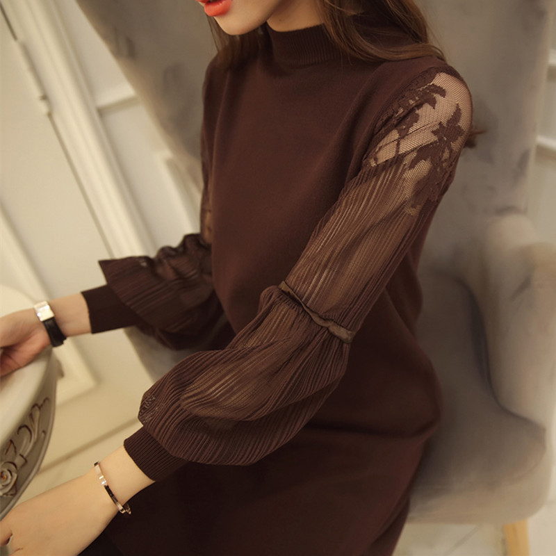 2016春季新款女装韩版针织长袖纯色套头打底毛衣蕾丝袖连衣裙女