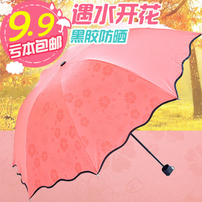 遇水开花韩国晴雨伞折叠创意女太阳伞黑胶防紫外线遮阳伞超强防晒