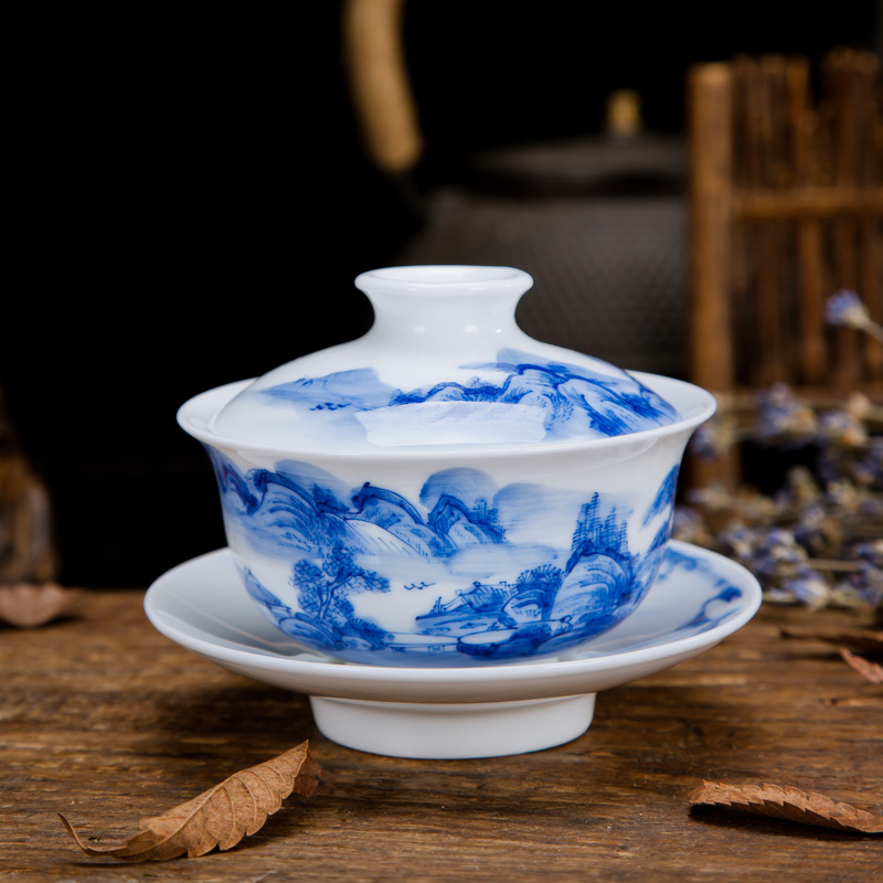 景德镇陶瓷手工功夫茶具敬茶杯 家用手绘青花瓷山水三才盖碗茶杯