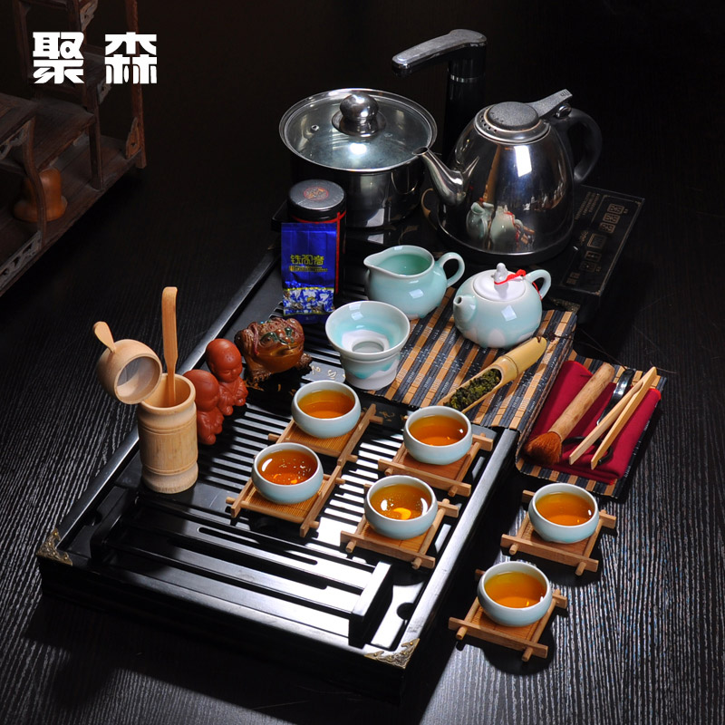 聚森茶具套装整套汝窑冰裂紫砂功夫茶杯四合一电磁炉实木茶盘茶海