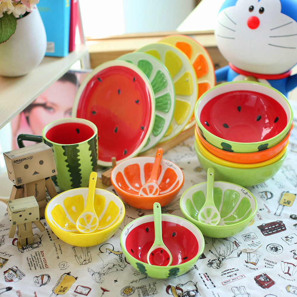 包邮 可爱手绘水果碗西瓜碗米饭碗甜品碗日式创意陶瓷器餐具套装