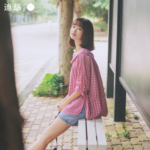 绑带显瘦学院风衬衫 女上衣宽松百搭 格子短袖 韩版 迪悠2017夏季新款