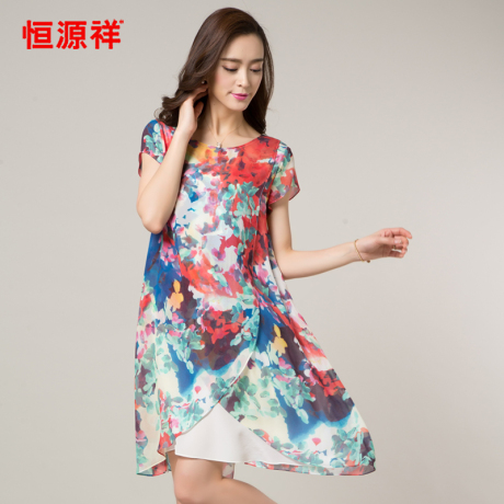 恒源祥女士短袖连衣裙夏季新款桑蚕丝女装中长款显瘦印花真丝裙商品大图