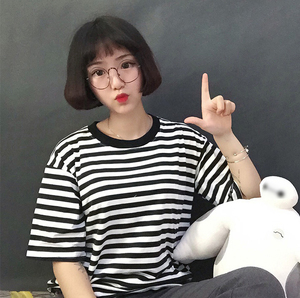 韩版夏季宽松半袖女装海军风黑白横条纹t恤女短袖夏装学生上衣潮