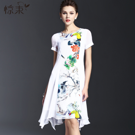 惊束2016夏装裙子中长款手绘印花宽松亚麻大码胖mm圆领连衣裙女装商品大图