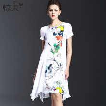 惊束2016夏装裙子中长款手绘印花宽松亚麻大码胖mm圆领连衣裙女装图片