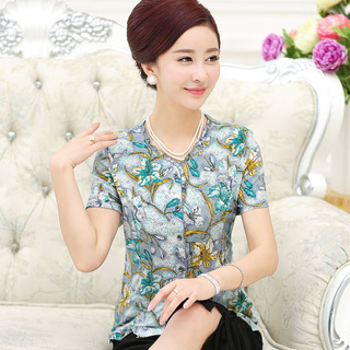 2015<em>中老年女装夏装</em>T恤妈妈装花色短袖雪纺衫
