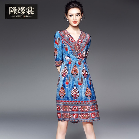 隆缘裳2017春装新款女装时尚气质V领收腰显瘦真丝印花连衣裙1955商品大图