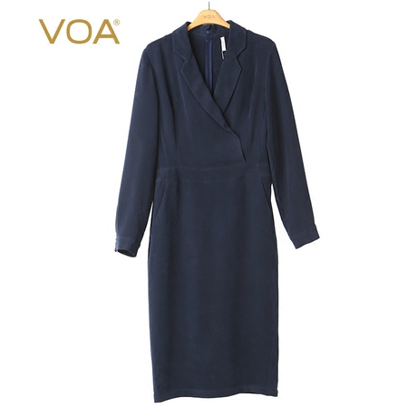 VOA40姆米重磅真丝平驳领衬衫袖中腰裹身一步裙修身连衣裙A3059商品大图