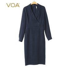 VOA40姆米重磅真丝平驳领衬衫袖中腰裹身一步裙修身连衣裙A3059图片